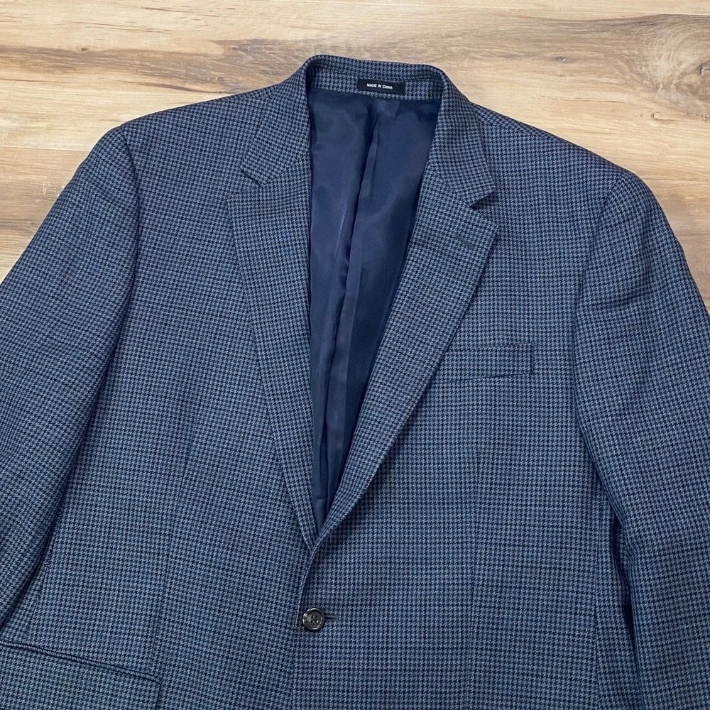 Lauren Ralph Lauren Sport Coat 44L Houndstooth 100% Wool Two Button Blue Blazer
